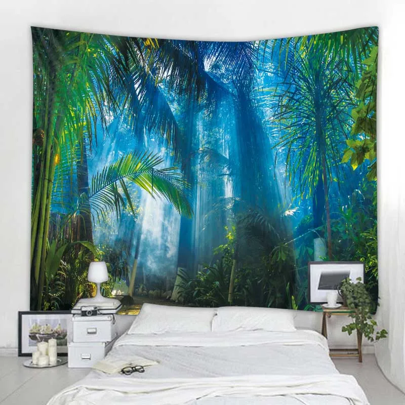 Green jungle tapestry beautiful natural forest large wall hanging hippie bohemian mandala wall art home decoration 8 sizes