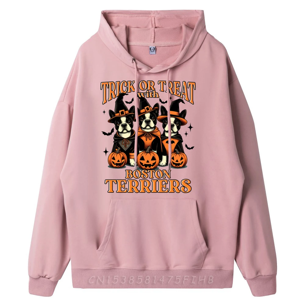 Trick Or Treat With A Hoodies for Men long Sleeve Graphic Hoodies Funky Father Day Round Collar Hoodies Design Trick Or Treat With A Boston Terriers Halloween Season oufen