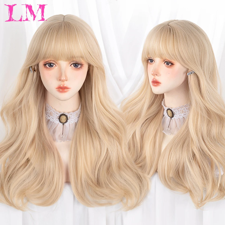 

LM Long Natural Wavy Platinum Blonde Wigs With Bangs Cosplay Party Lolita Synthetic Wigs for Women Heat Resistant Fiber