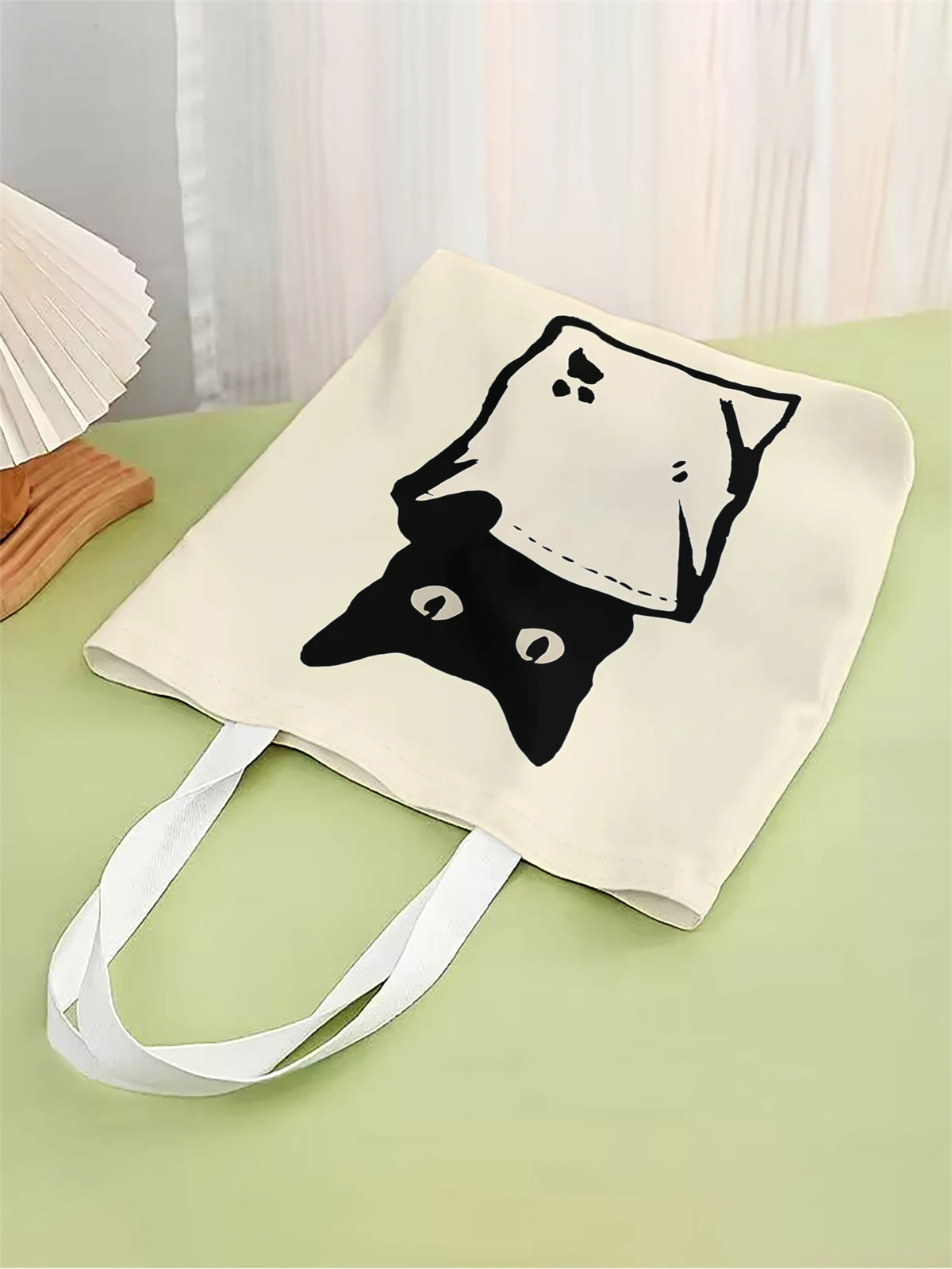 1pc,small black cat handbag, reusable fashionable handbag, multifunctional handbag, printed canvas shopping bag