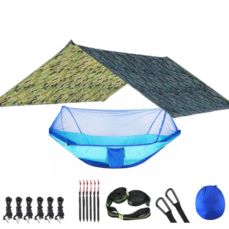 Portable Parachute Outdoor Camping Hammock with Mosquito Net and 118x118in Rain Fly Tarp,10-ring Tree Strap Hammocks Swing 