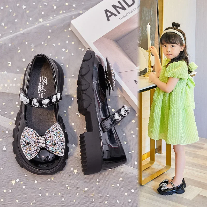 Sapato de princesa de couro infantil, confortável, macio, elegante, sapatilha casual com laço para festa, moda feminina, novo, primavera, 2022