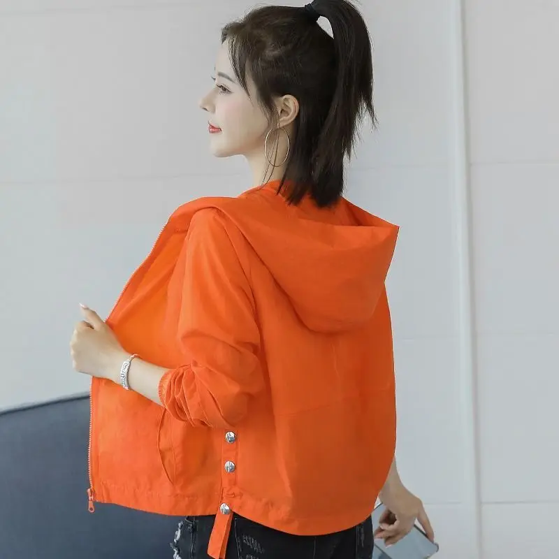 

Hooded Jacket Sweatshirt Street Long Sleeve Solid Top Korean Fashion Casual Bomb Jacket Women's Sunscreen 2023 New White Orange