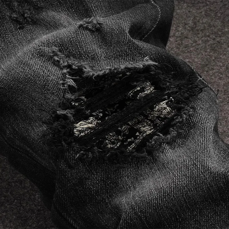 High Street Fashion Men Jeans Retro Black Gray Stretch Skinny Fit Ripped Jeans Men Bandana Patched Designer Hip Hop Brand Pants