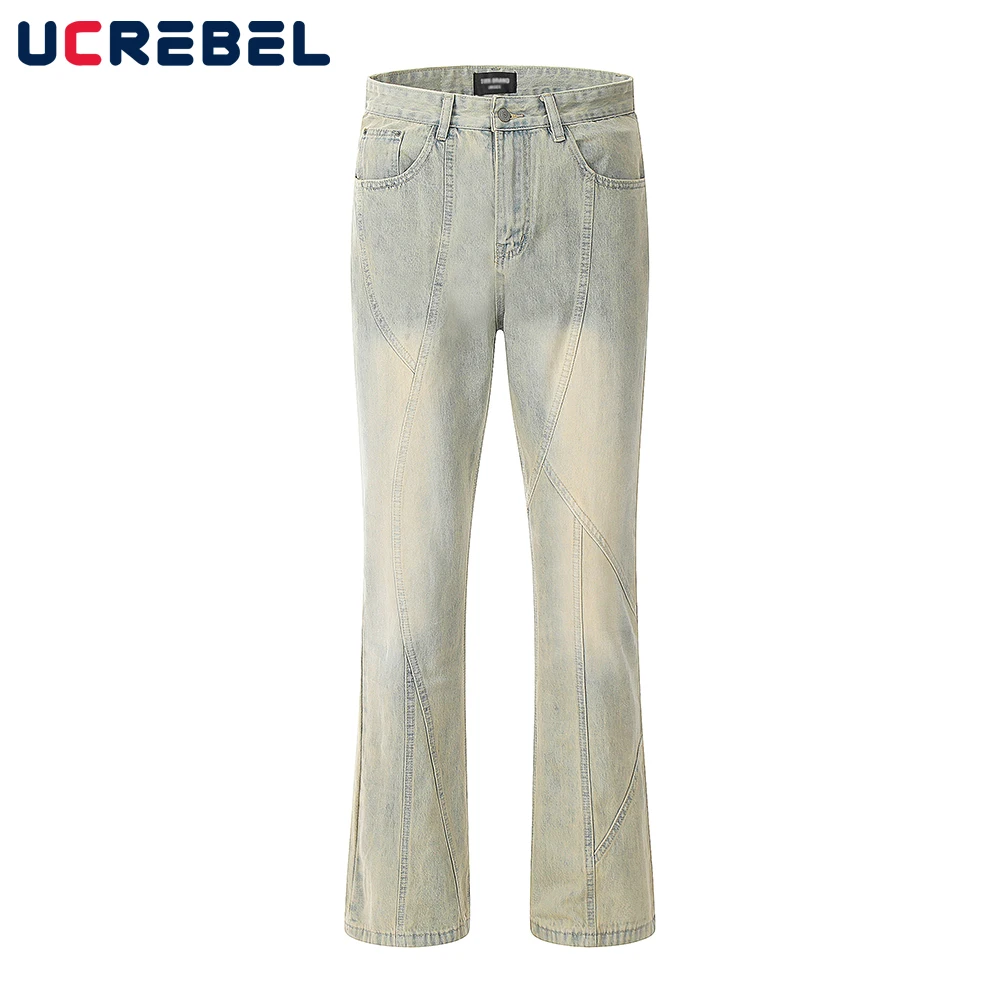 

Streetwear Spliced Denim Pants Mens Retro Washed Distressed Mud Yellow Flared Pants Trousers Men