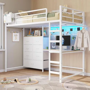 twin size loft bed with l-shaped desk and 7 storage drawers, metal bunk bed for kids with led lights and charging station