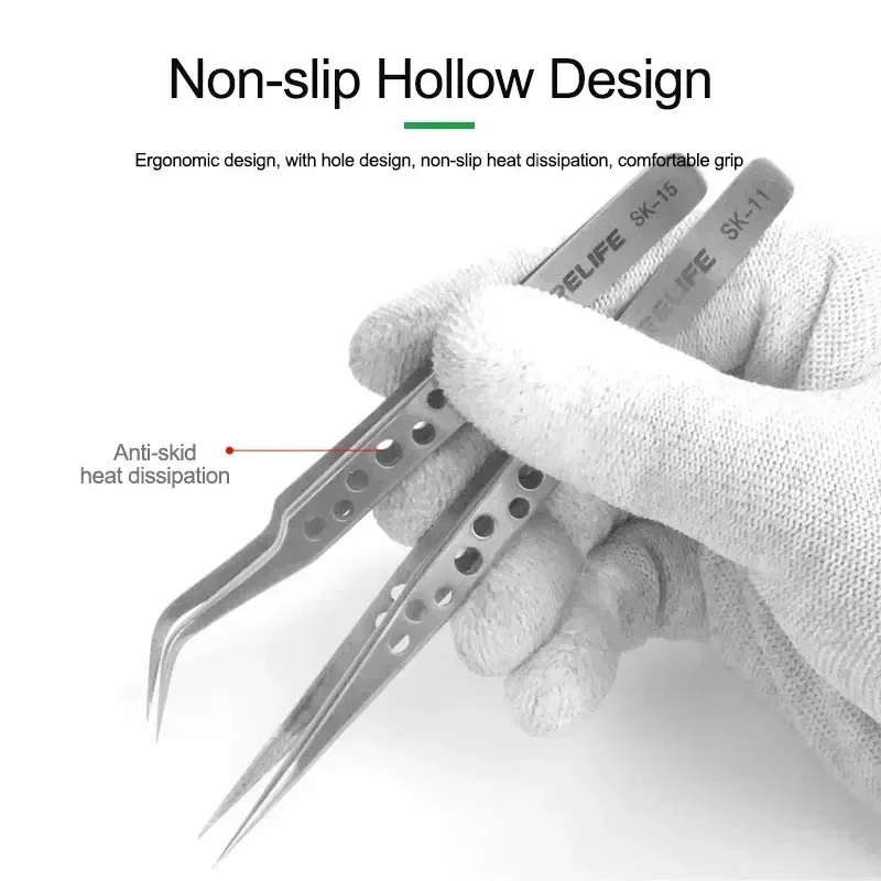 RELIFE SK-11 15 Anti-magnetic Precision Industrial Stainless Steel Tweezers for Phone Motherboard Electronics Repair Hand Tools
