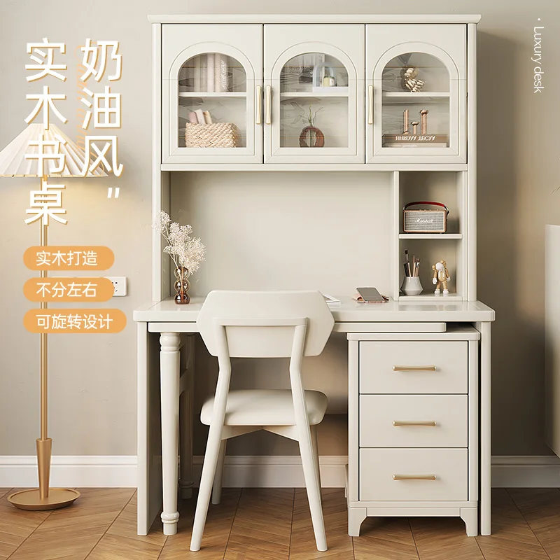 

French cream style solid wood corner desk, bookcase, bookshelf, integrated home study table, simple computer table and chair com
