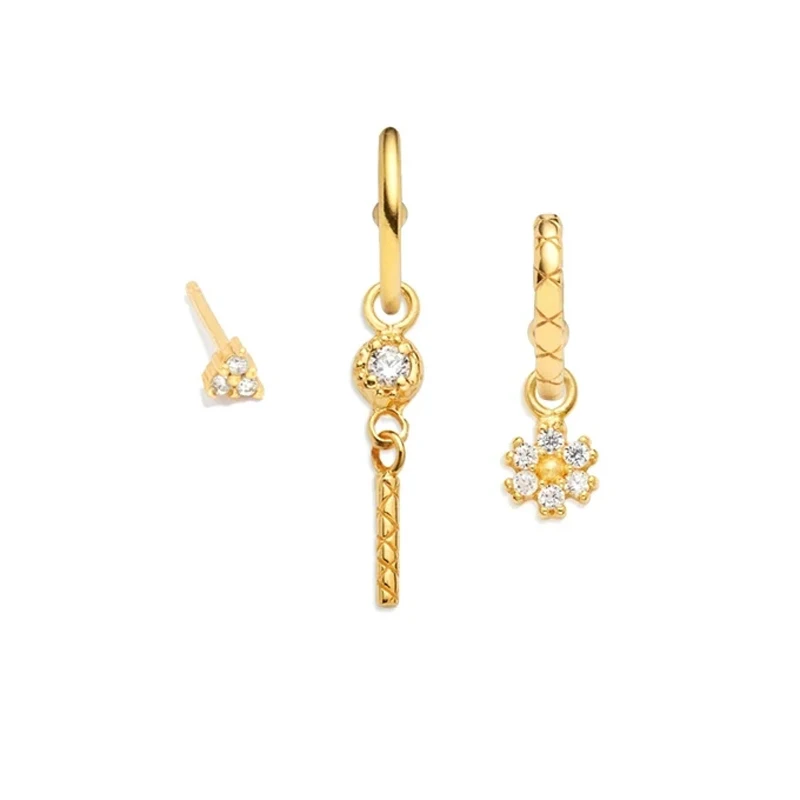 Aide Colorful Zircons Ear Studs Set 18K Gold Plated Small Bar Dangle Earrings Green Red Crystal Charm Earrings Hoop Jewelry Set