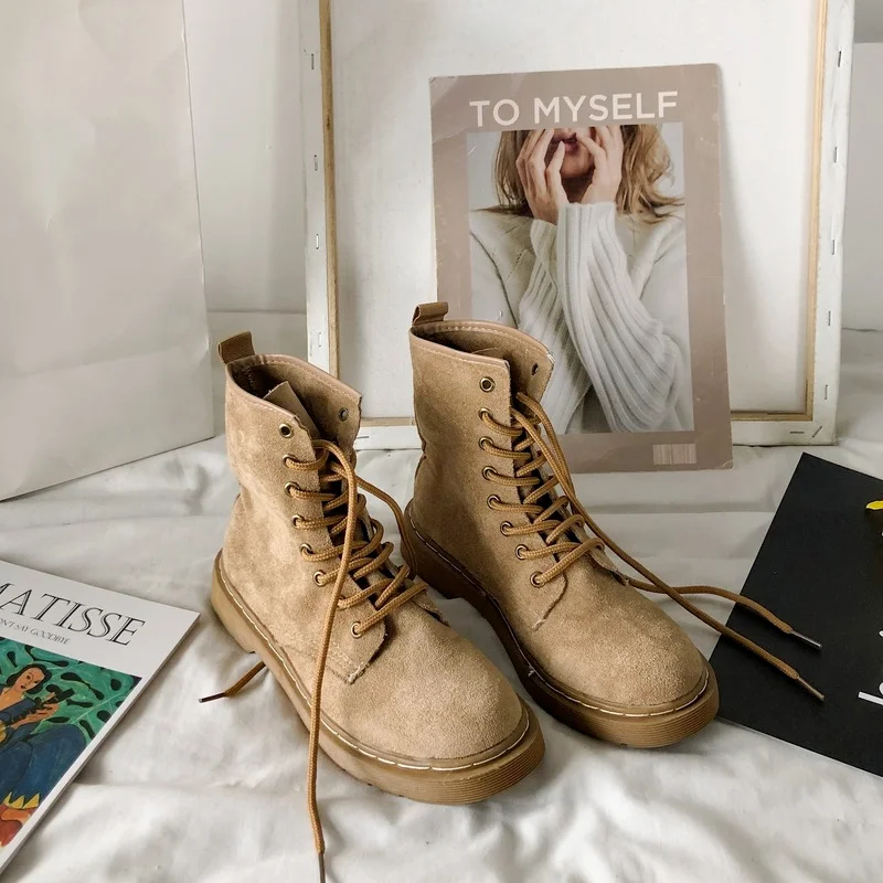 Platform Boots for Woman Spring Autumn 2022 Fashion Retro Flock Ankle Riding Equestrian Square Heel Lace-up Shoes Women Boots