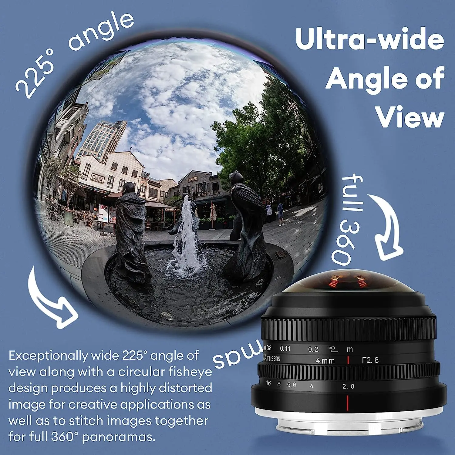 7artisans APS-C MF 프라임 렌즈 4mm F2.8 225 ° E A6400 ZVE10 후지필름 X X-T1 X-Pro1 X-A10 마이크로 4/3 EPM1용 원형 어안 렌즈