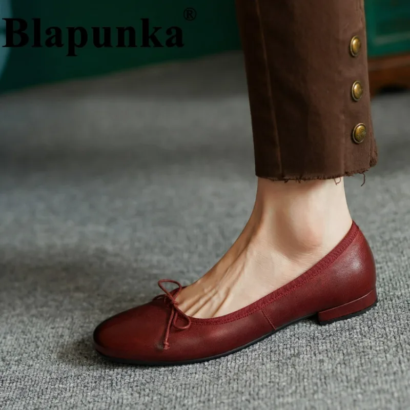

Blapunka Soft Genuine Leather Women Flat Shoes Cute Bow Knot Slip-ons Shallow Flats Woman Very Comfort Shoes Autumn Spring 34-40