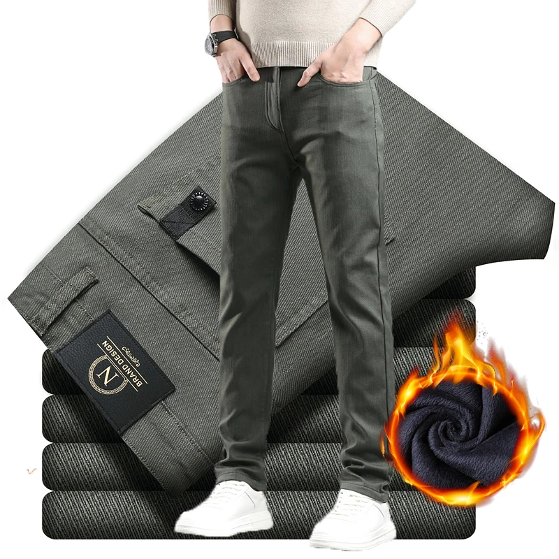 Winter New 2025 Fleece Pants Men's Thick Slim Elastic Business Casual Velvet Pants Warm Fashion Solid Color Plush Trousers Male 1