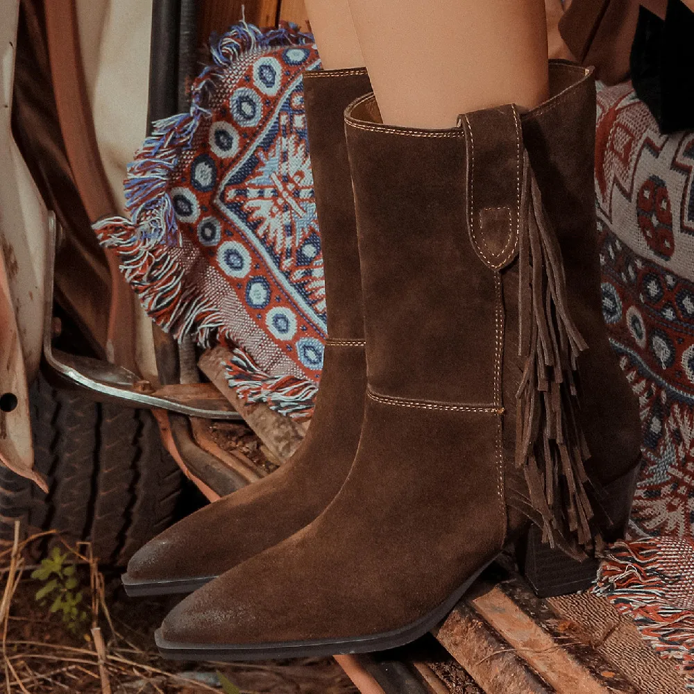 

Women's natural suede leather 6cm thick high heel pointed toe slip-on autumn mid-calf boots elegant ladies fringe half boots hot