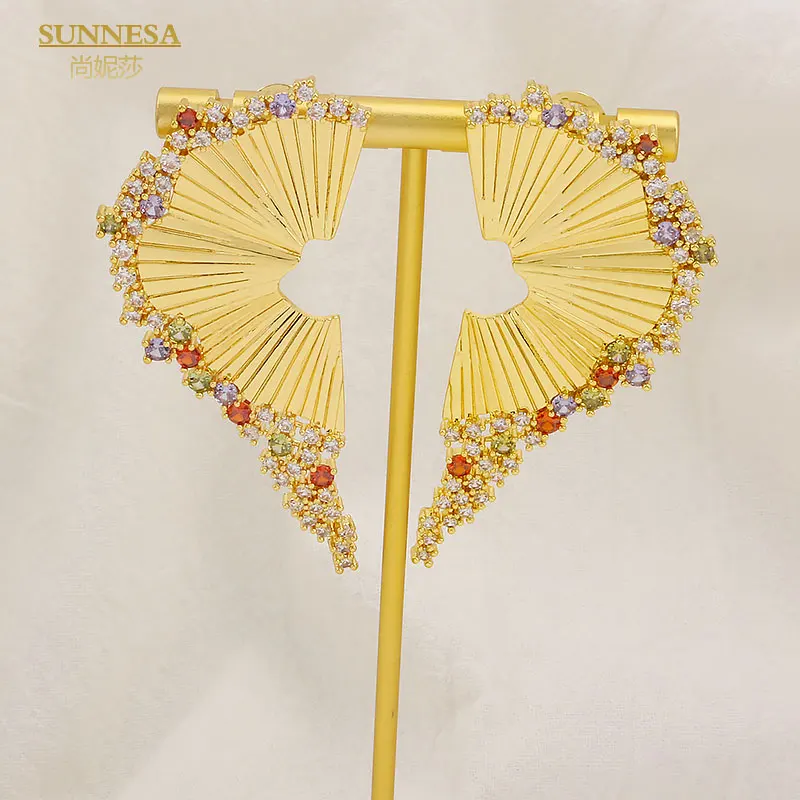 SUNNESA Luxury Colorful Zircon African Clip Earrings for Women Wedding Dubai Golden Fanshaped Big Earrings Bride Jewelry