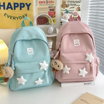 Cute Pink Backpack for Girls Fashionable Star Decorated School Bag with Plush Charm Ideal for Daily Use and School Cute Style Ba 1