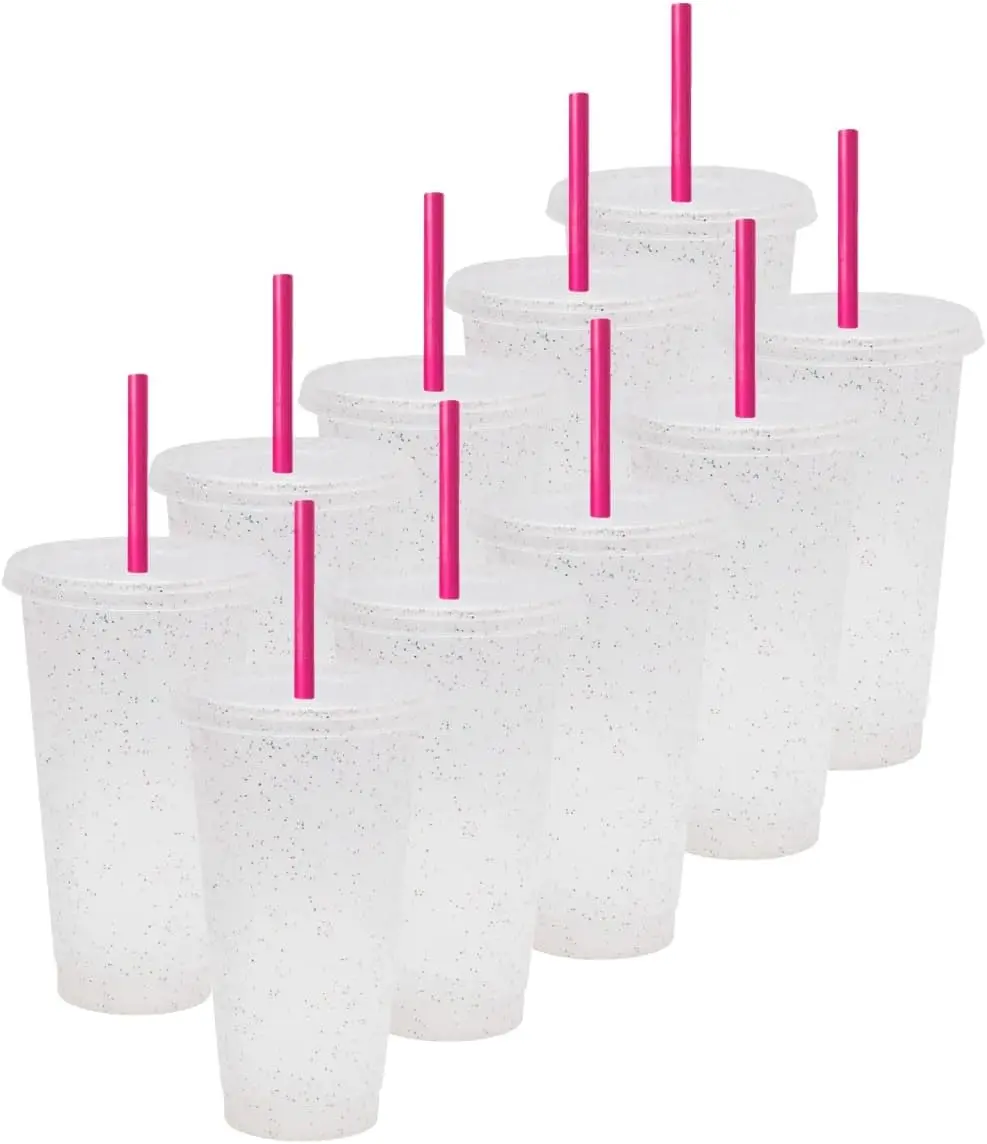 Vasos de Plástico Reutilizables, Juego de 10, 20 y 50 Vasos con Popote y Tapa de 24 oz Tipo Termo para Café