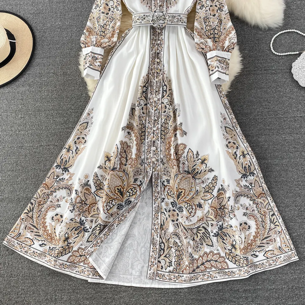 Women Vintage Long Dress Fashion Print A-line Ruffled Elegant Floral Party Dresses Ladies Long Sleeve Casual Long Robe Vestidos