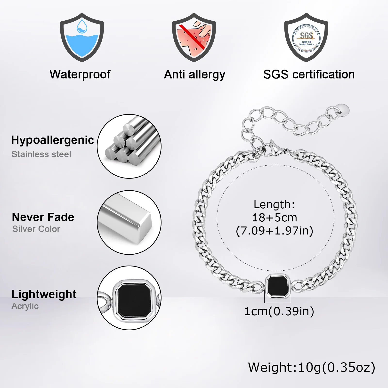 Fashion Chic Square Acrylic Charm Bracelet, Silver Gold Color Stainless Steel Twist Chain Bracelet, Minimalist Jewelry for Men