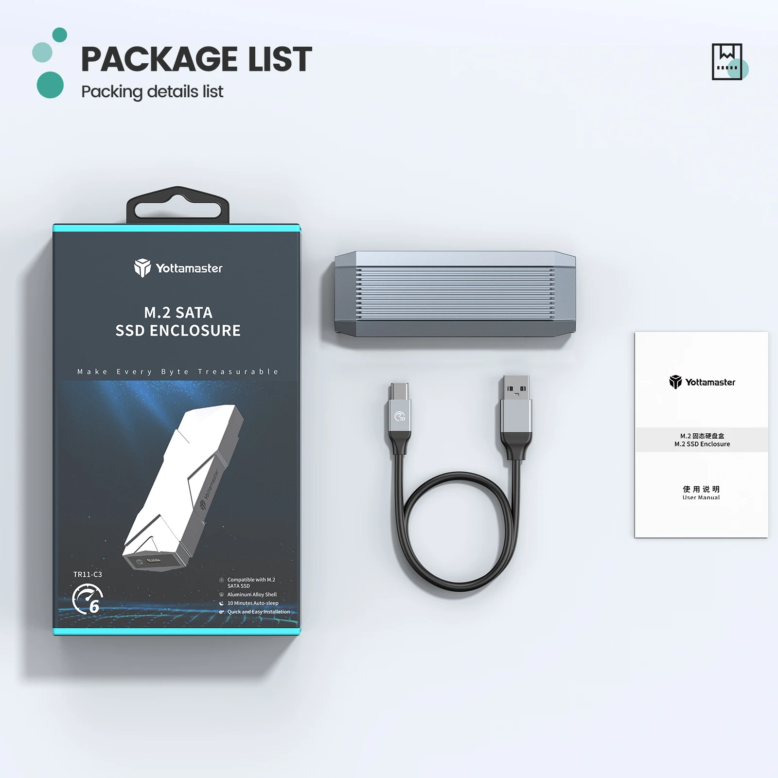Yottamaster M2 NVME SSD 케이스 NVMe PCIE 3.0 PCIE 4.0 SSD 인클로저, USB 3.1 GEN2 C타입 10Gbp 외부 스토리지 박스, 4TB SSD 케이스