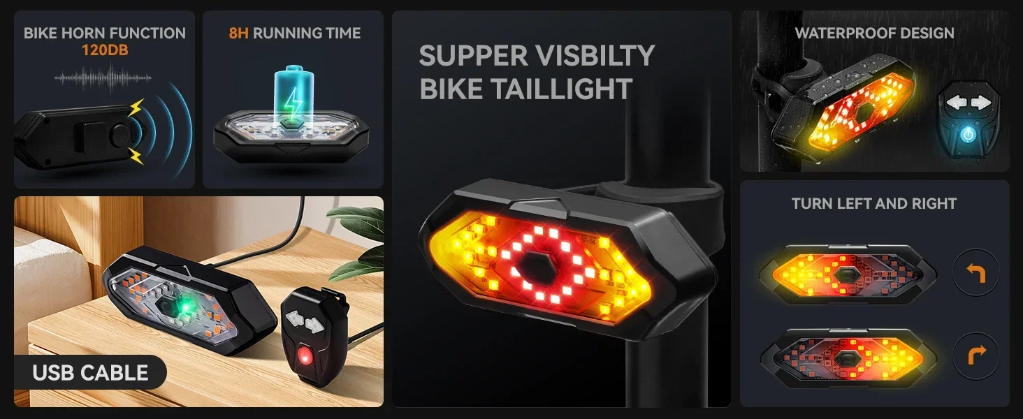 Luce Posteriore per Bicicletta Ricaricabile USB con Indicatori di Direzione - immagine 6