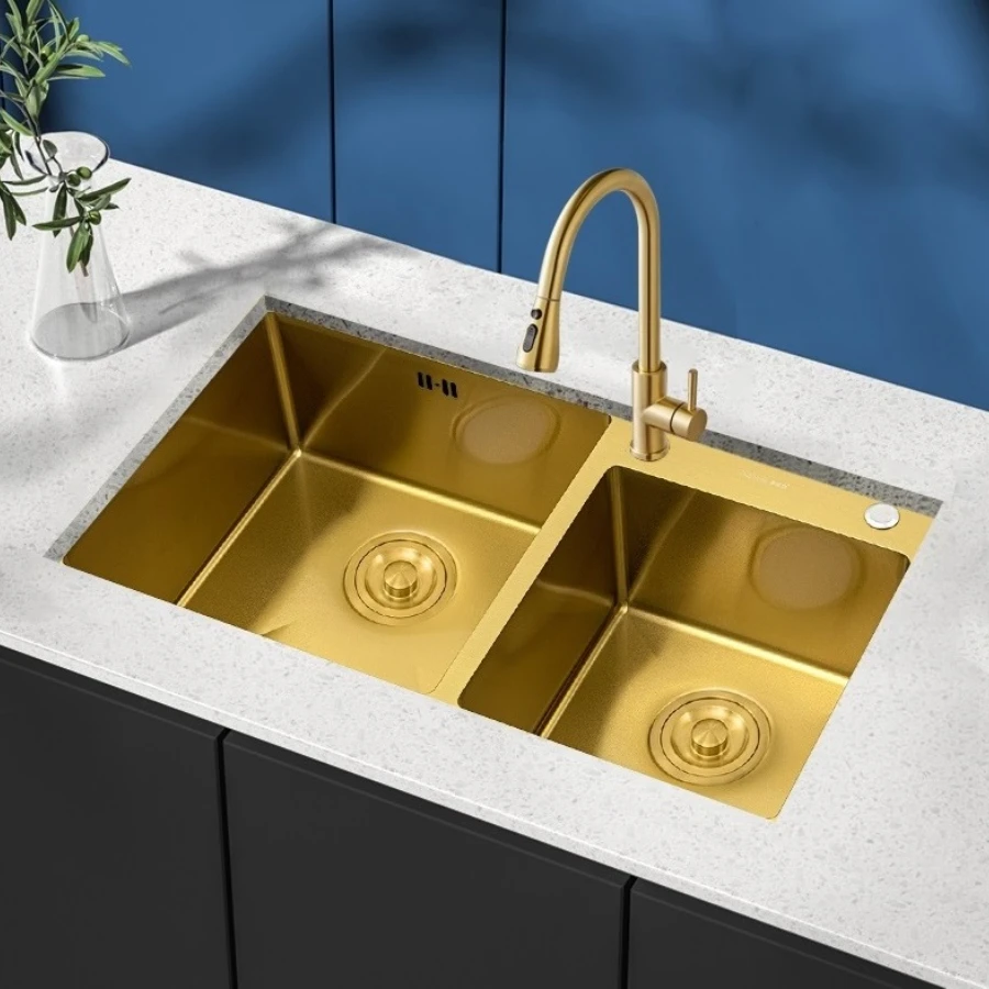 

Farmhouse Handmade Rectangular Stainless Steel Sink Double Bowl Kitchen Gold Kitchen Sinks