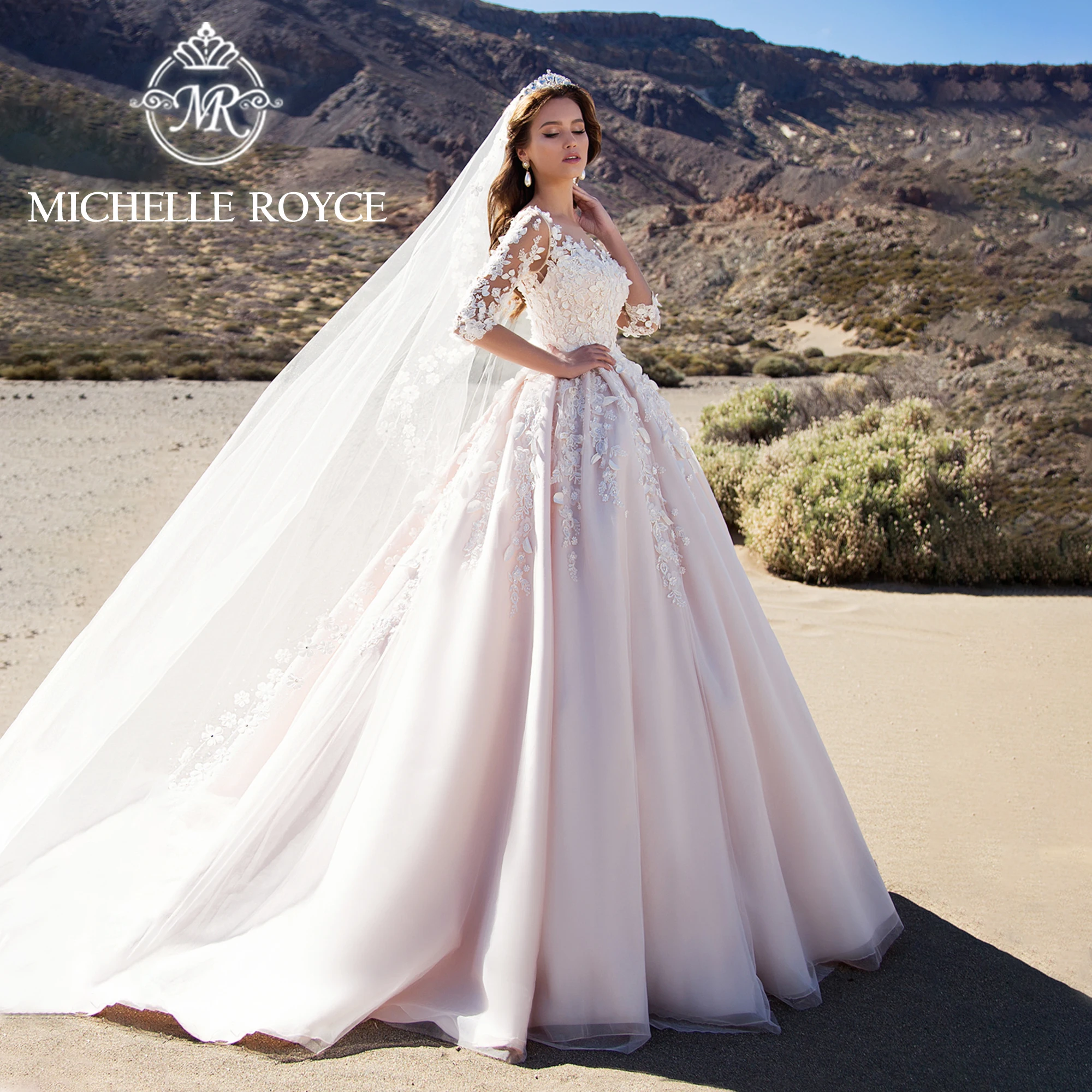 

Michelle Royce A-Line Wedding Dresses For Women Three Quarter Sleeve Appliques Flowers Sweetheart Wedding Gown Vestidos De Noiva