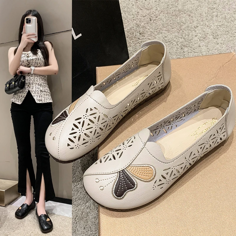 

Туфли женские из натуральной кожи, лоферы, без застежки, дышащие, плоская подошва, повседневная прогулочная обувь, лето