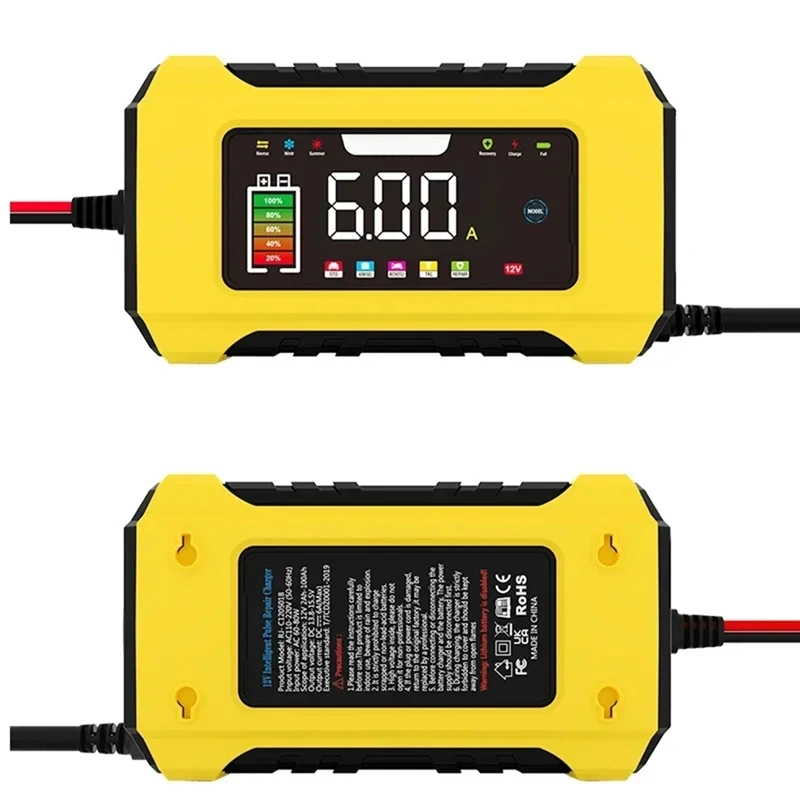12V 자동차 배터리 충전기 6A LCD 디스플레이가 있는 완전 자동 배터리 충전기 리드 펄스 수리 충전기 EU 플러그 Yellow-A25R