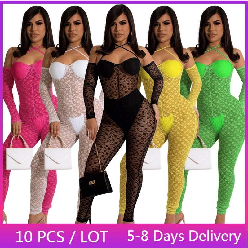 

Wholesale Items Lace Bodycon Jumpsuit Women Backless Halter Sexy Long Sleeve Jumpsuit See-through Club Rompers Womens Jumpsuit