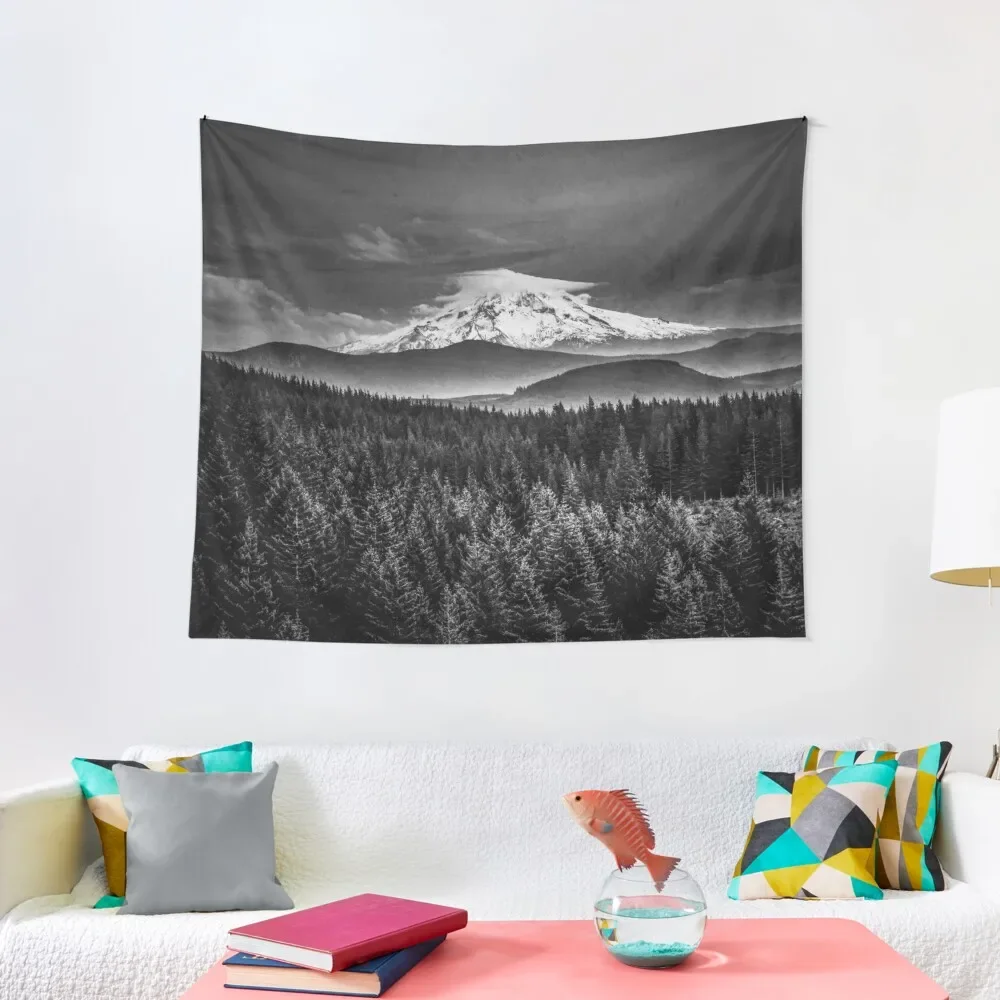 

Mountains and Forest - Black and White Mt Hood with Forest Tapestry Room Decoration Aesthetic Wallpaper Tapestry