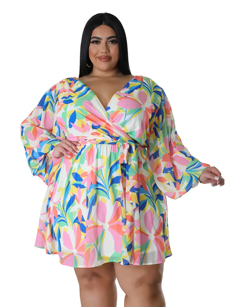 Wmstar Plus Size Dresses Women Sexy  Flower Print Mini Dress Loose Elegant Cute New In Midi Dress 2023 Wholesale Dropshipping