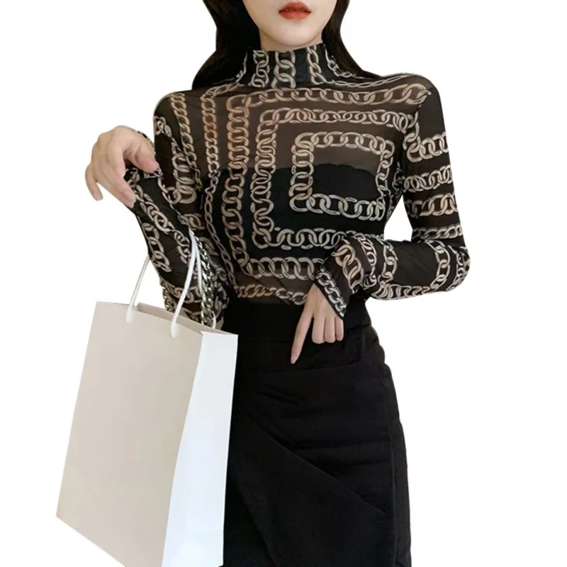 

Summer Spring Women Long Sleeve Print See Through Mesh Crop Top T Shirt