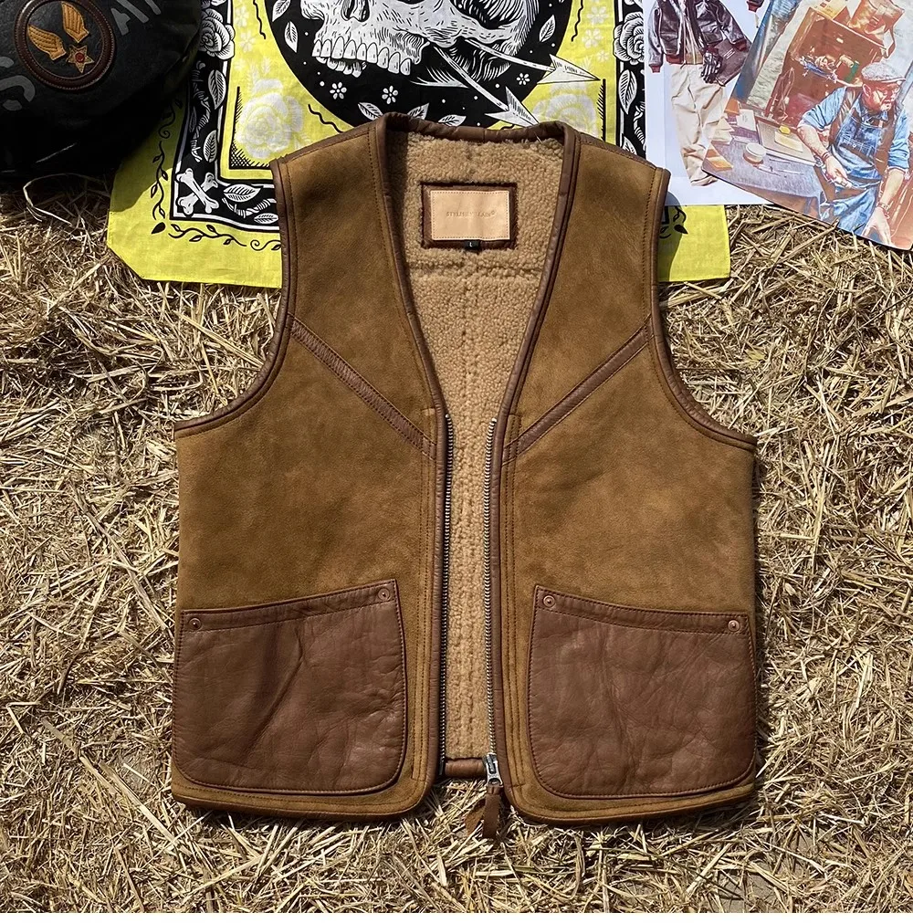 High grade casual fur vest.100% natural sheepskin with wool cloth.American retro casual leather vest,warm wear.genuine fur 5