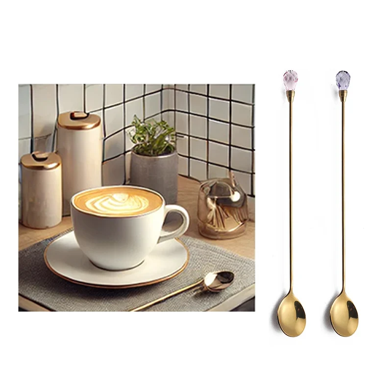 Stainless Steel Stirring Spoon Long Handle Drink Mixing Spoon with Crystal Head for Coffee Tea Cocktail Kitchen Bar Accessories