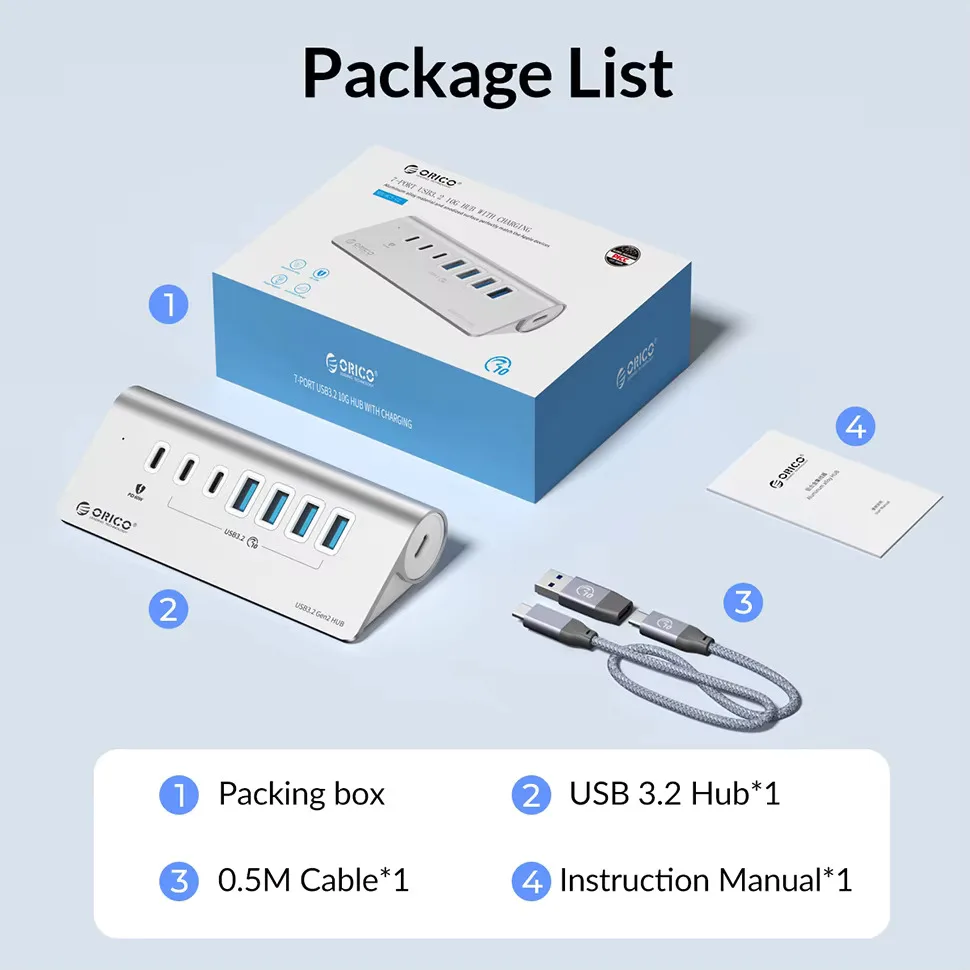 ORICO Multi-Port USB3.2 Hub with Card Reader and Charger Switch