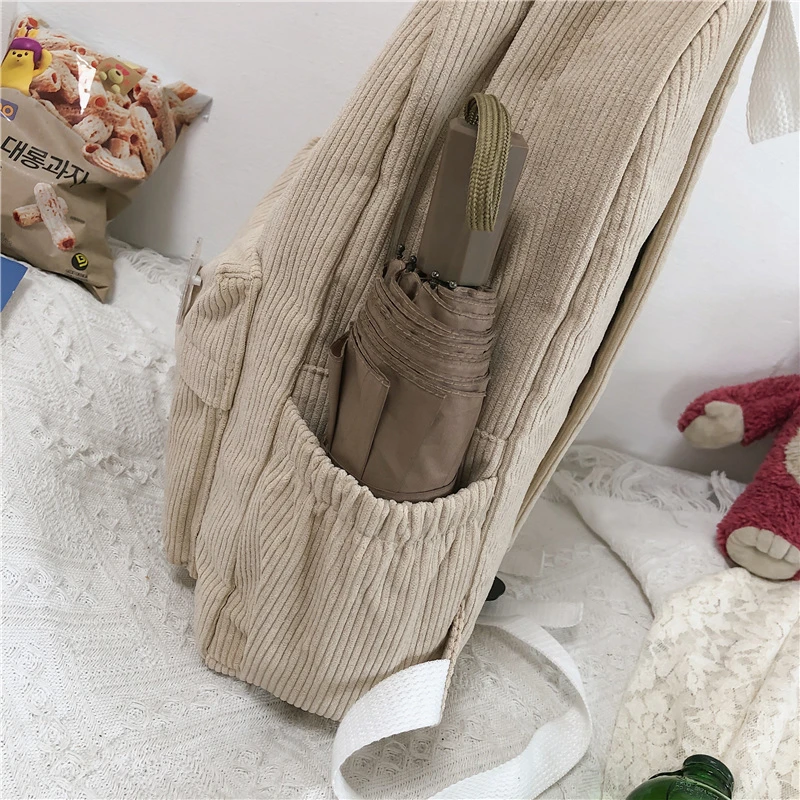 Fashion Corduroy Backpack Women Stripe Cute School Bag For Girls Kawaii Solid Color Travel Backpack Female Shoulder Bag Mochila