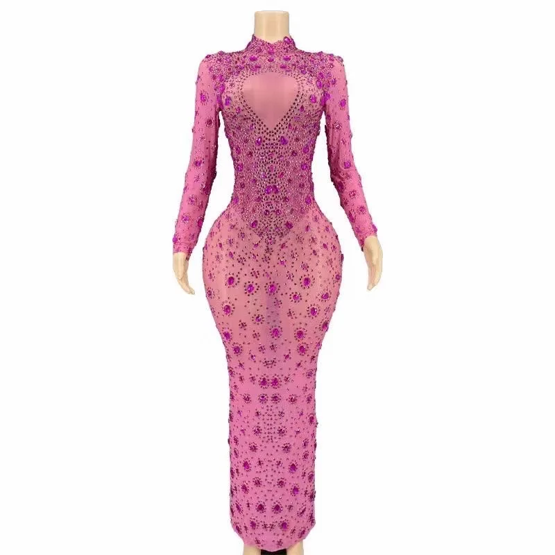 

Pink Shining Rhinestones Crystal Sexy Split Long Dress For Women Evening Celebrity Clothing Wedding Wear Singer Costumes