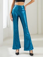 European And American Fashion Blue Fish Scale Hot Gold Micro Flare Pants New Personality Trend High Stretch Tight Pants Women 1