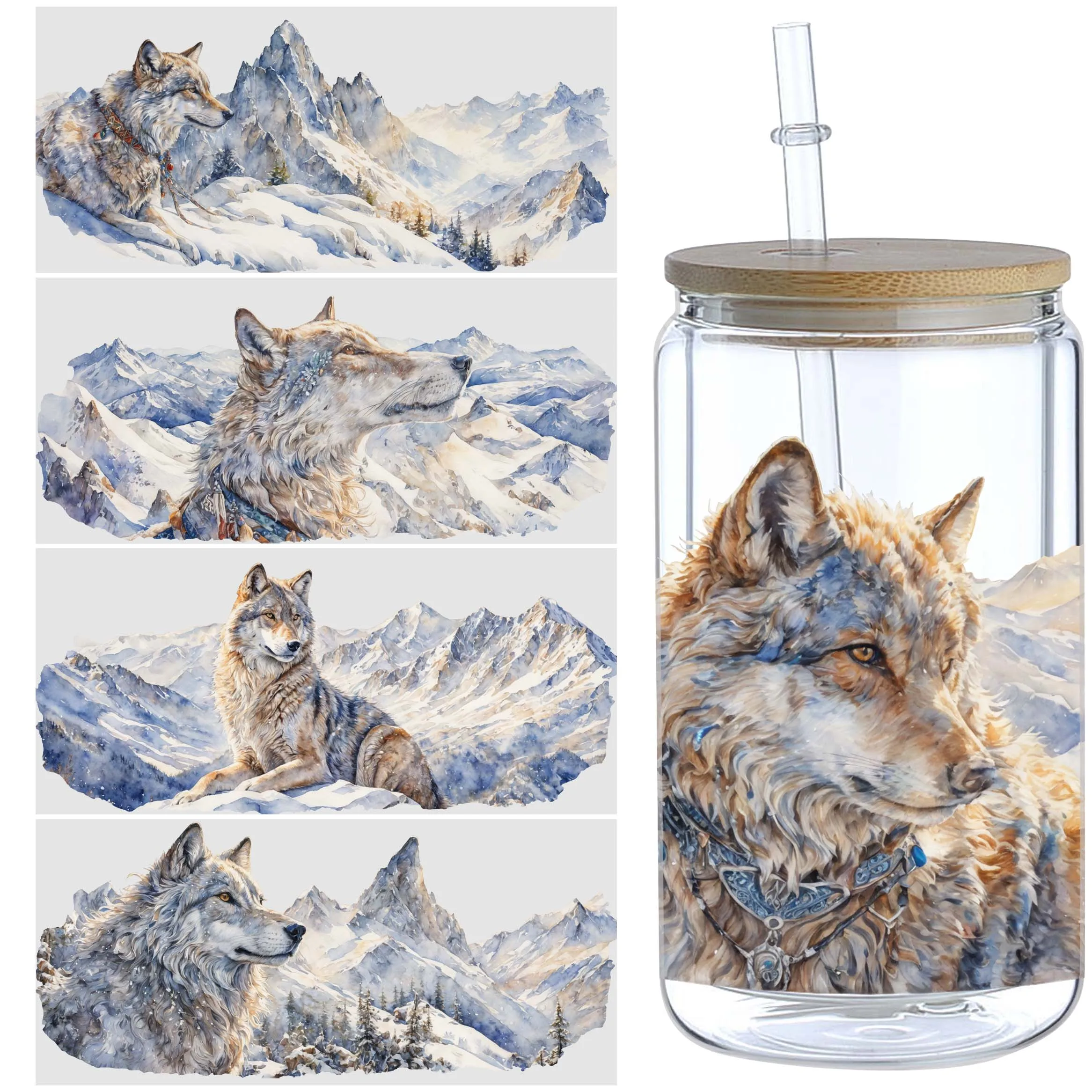 5 Sheets Wolf UV DTF Cup Stickers Glass Sport DTF Transfer Stickers Waterproof Wipe Transfers for 16 oz Glass Mugs sticker cups uv dtf wrap transfer
