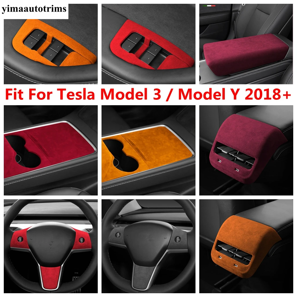 

Armrest Rear Air Vent Outlet Window Lift Water Cup Cover Trim For Tesla Model 3 / Model Y 2018 - 2022 Suede Style Accessories