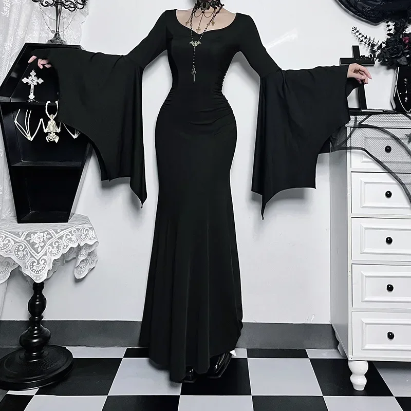 Halloween Costume Women Batwing Sleeve Floor Dress Black Gothic Evil Terror Maxi Mistress Morticia Addam Family Outfit For Adult 2