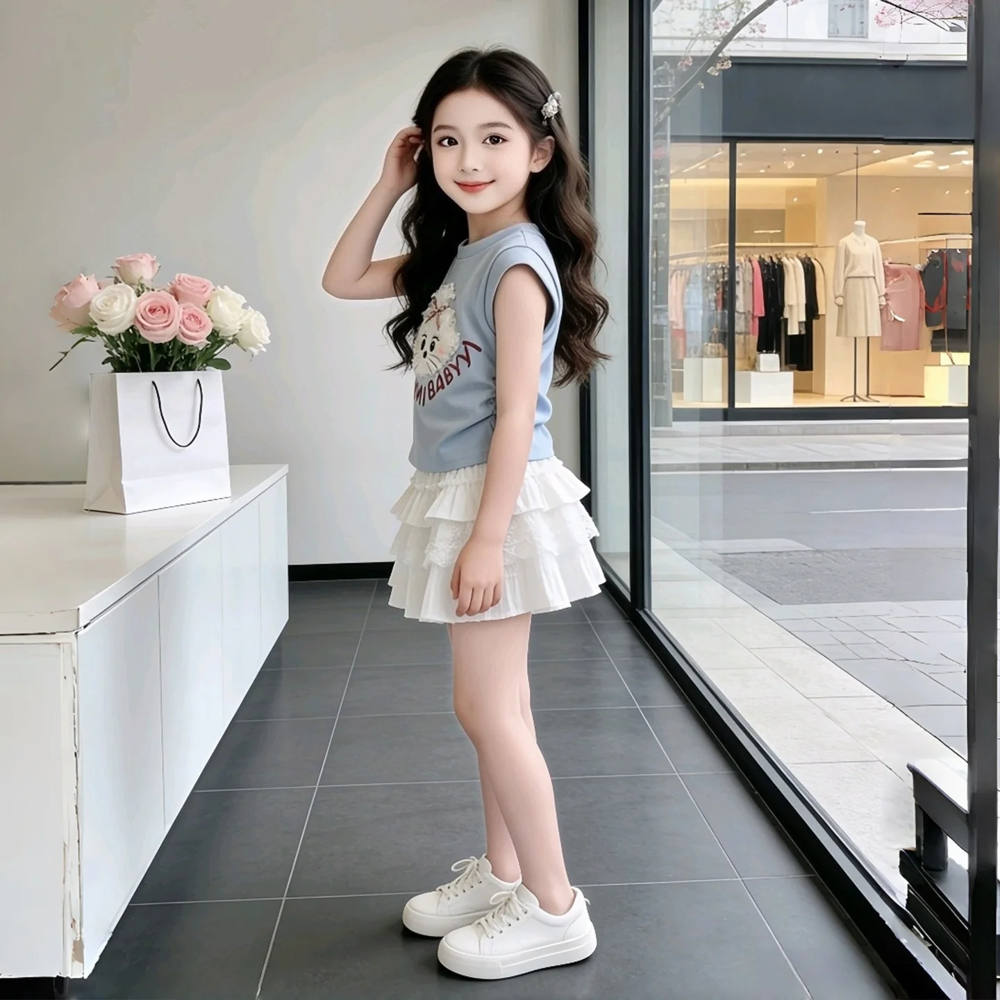 Girls Summer Outfit Short Sleeve T-Shirt And Skirt Set Two Pieces Casual Style Children's Fashion Trendy Clothing for Kids - 5