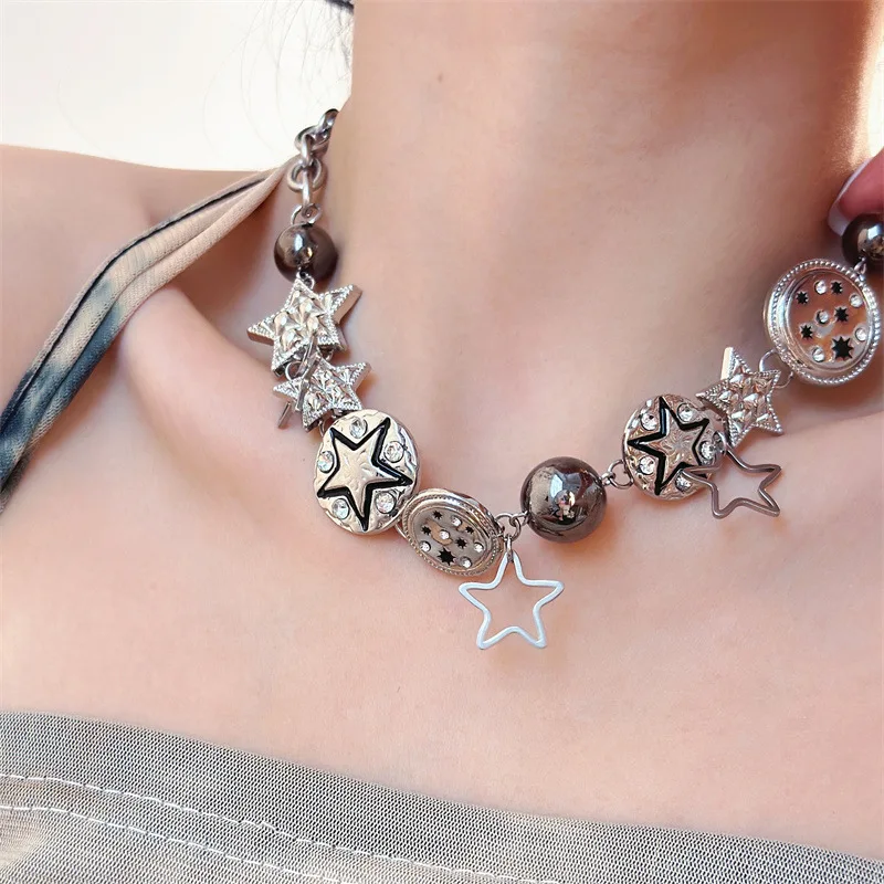 Punk Retro Button Star Pendant Necklace Trendy Delicate Silver Color Unisex Choker Personalised Luxury Jewelry for Women - Image 2