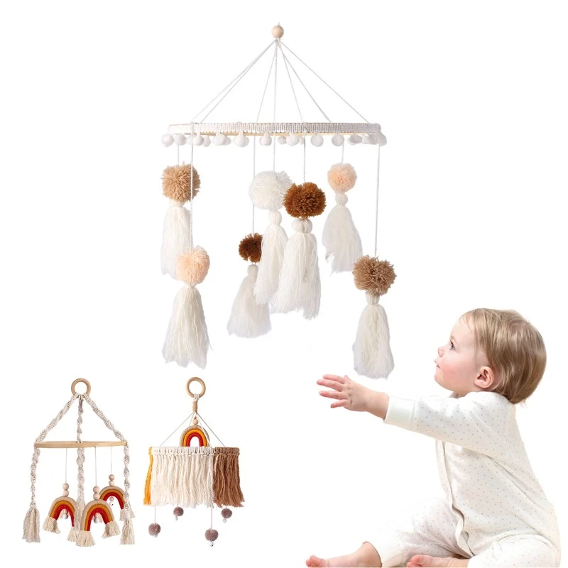 Macrame Rainbow Baby Mobile Boho Bracket Mobile Hanging Rattles Baby Toys Wooden Bed Bell Holder