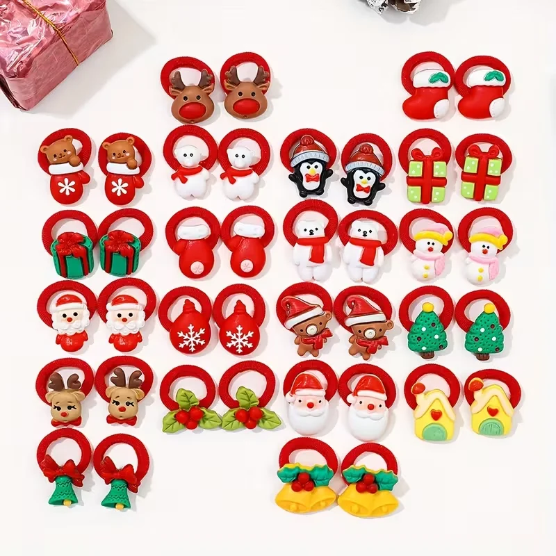 10PCS Kids Girls Christmas Hair Ties Cute Santa Claus Reindeer Design Festive Hair Accessories Holiday Parties Decorations