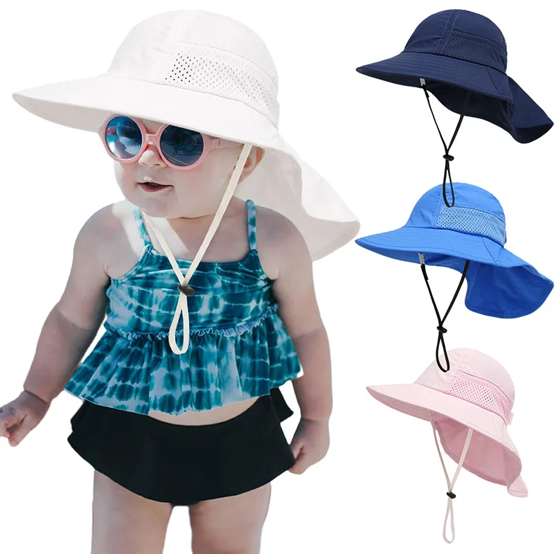 

Summer Mesh Shawl Hat for Baby UV Protection Kids Bucket Hats with Windproof Rope Adjustable Light Breathable Beach Accessories