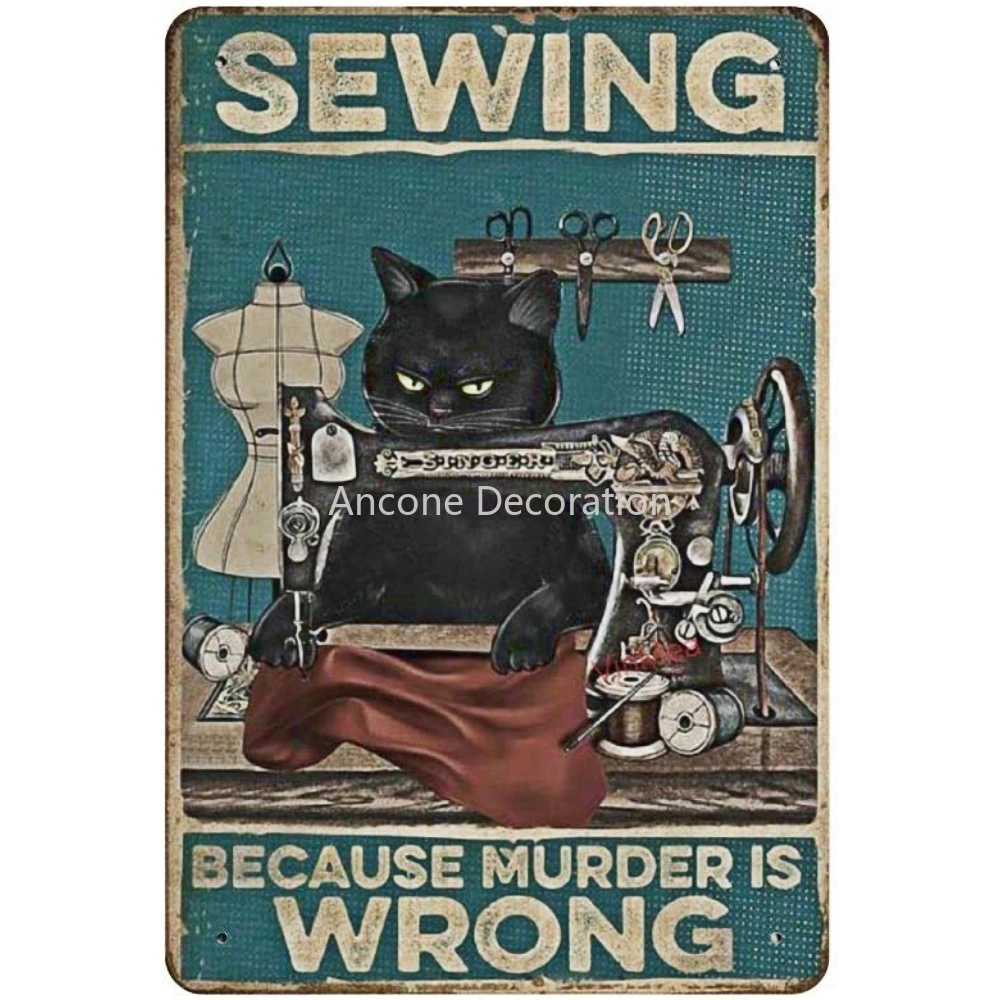 

Vintage Poster Metal Sign Black Cat Sewing Because Murder is Wrong Poster Vintage Looking Reproduction Metal Sign decor plate