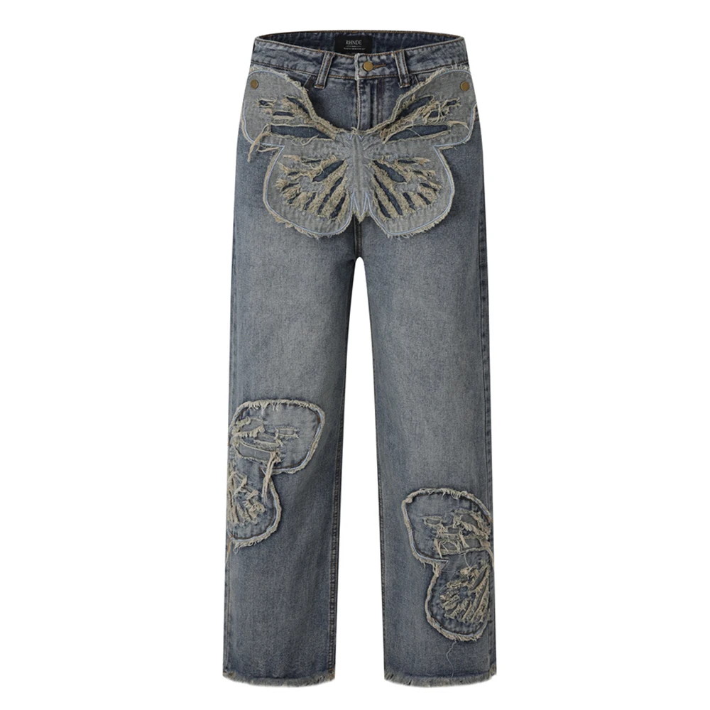 

Butterfly Embroidery Wide Leg Opening Y2K Jeans Men Women High Quality Unlock Hem Line Hip Hop Jeans 90s