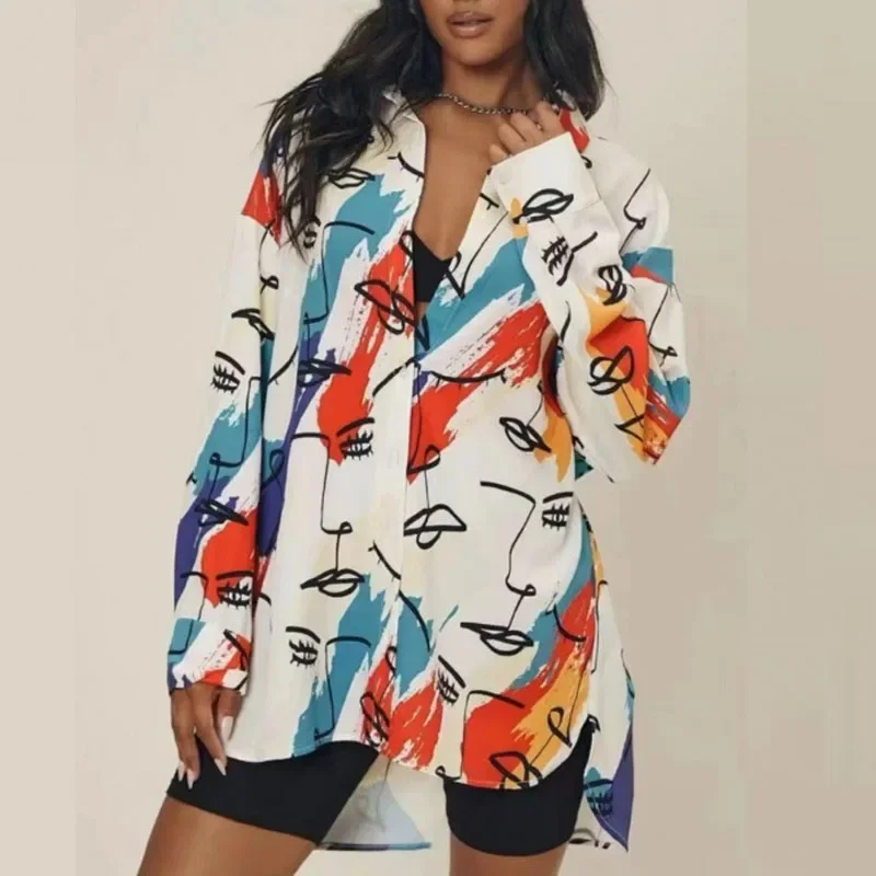 2023 Spring and Autumn Women's Commuter Fashion Loose Casual Printing Medium Long Sleeve Polo Neck Comfortable Versatile Shirt